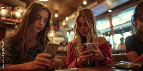 Three girls immersed in their phones, possibly sharing social media or messaging friends. photo