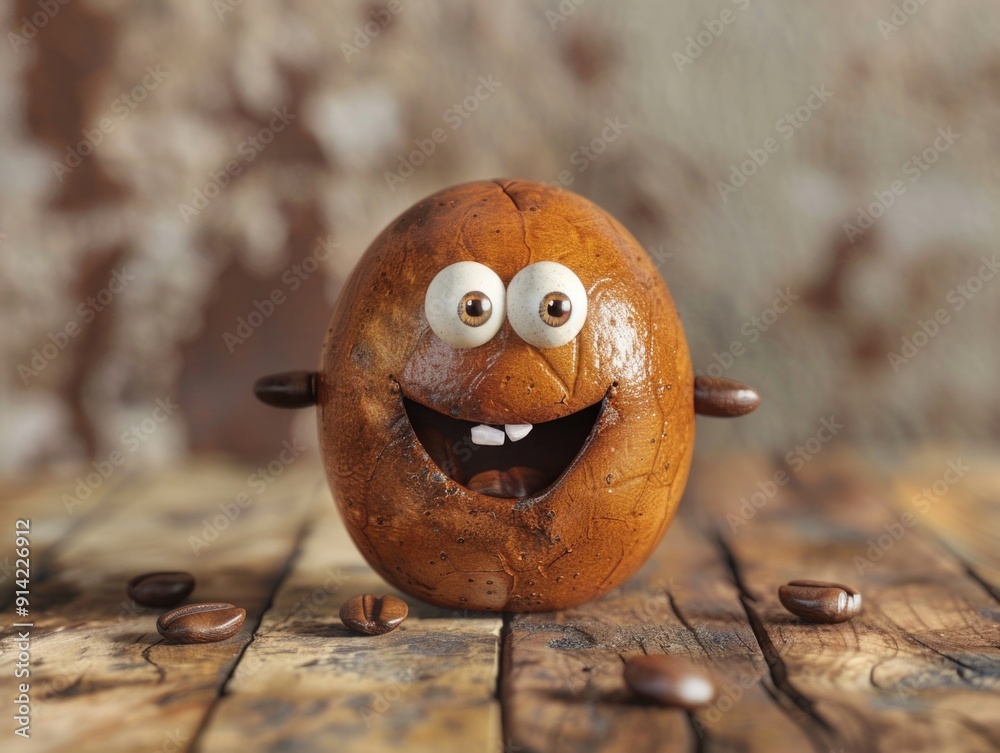 Fictional character made of a potato with eyes and mouth, smiling on a table. Fictional character made of a potato with eyes and mouth, smiling on a table.