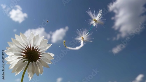 many white flowers flying through the air on a sunny day in the sky to make a wish