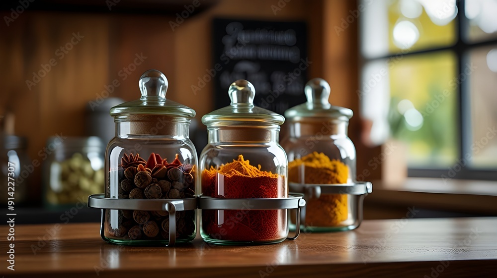 A vibrant and aromatic display of exotic spices, including saffron, turmeric, and star anise, neatly arranged in glass jars on a stylish spice rack. A vibrant and aromatic display of exotic spices, including saffron, turmeric, and star anise, neatly arranged in glass jars on a stylish spice rack.