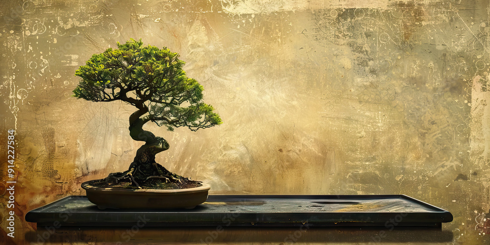 A single, artfully placed bonsai tree rests on an austere, black lacquered tray. A single, artfully placed bonsai tree rests on an austere, black lacquered tray.