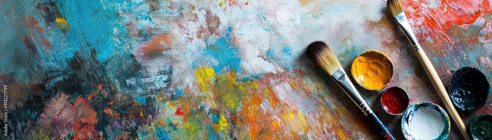An artistic workspace featuring vibrant paints, brushes, and a colorful s, perfect for creative projects and inspiration. An artistic workspace featuring vibrant paints, brushes, and a colorful s, perfect for creative projects and inspiration.