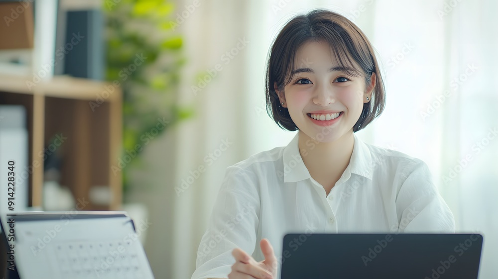 Young white Asian female model wearing a shirt at work. smiling cheerfully looking at the camera Young white Asian female model wearing a shirt at work. smiling cheerfully looking at the camera