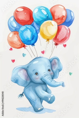 Cartoon image of an adorable blue elephant holding a cluster of heart-shaped balloons in its trunk and tail.