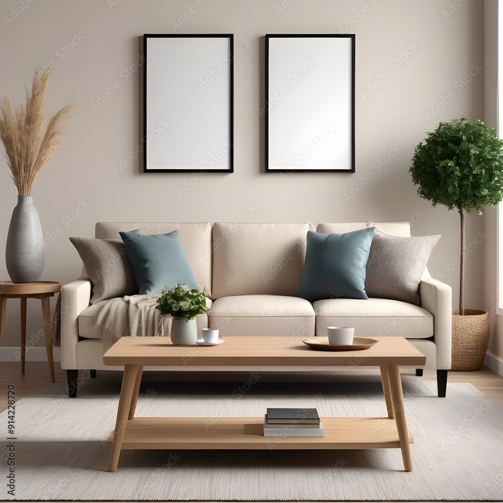 Two mockup frames in Scandinavian living room interior background, mockup frame design, frame mockup Two mockup frames in Scandinavian living room interior background, mockup frame design, frame mockup