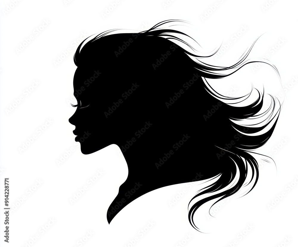 Silhouette of woman with flowing hair profile Silhouette of woman with flowing hair profile