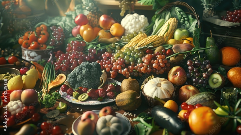 Abundance of fresh fruits and vegetables in a colorful arrangement on a table, emphasizing their vibrant hues and health-promoting properties. Abundance of fresh fruits and vegetables in a colorful arrangement on a table, emphasizing their vibrant hues and health-promoting properties.