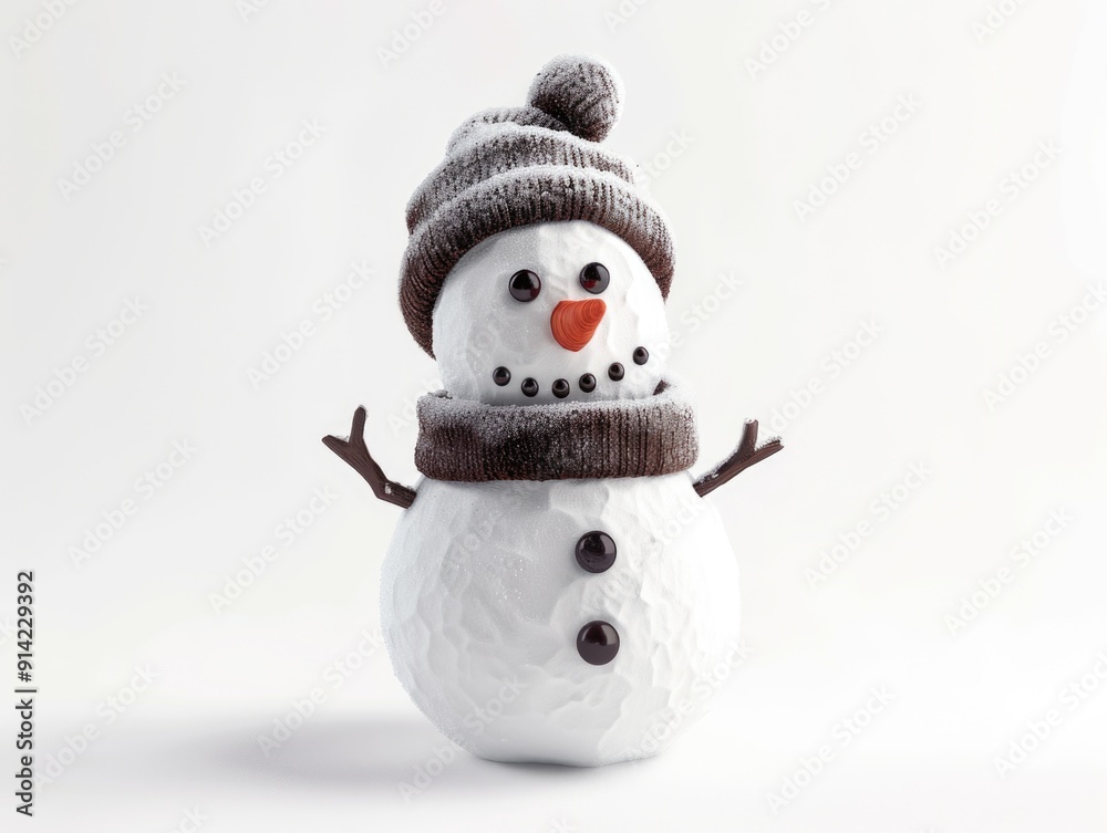 A happy snowman dressed in warm knitted hat and scarf, perfect for winter scenes or holiday cards A happy snowman dressed in warm knitted hat and scarf, perfect for winter scenes or holiday cards