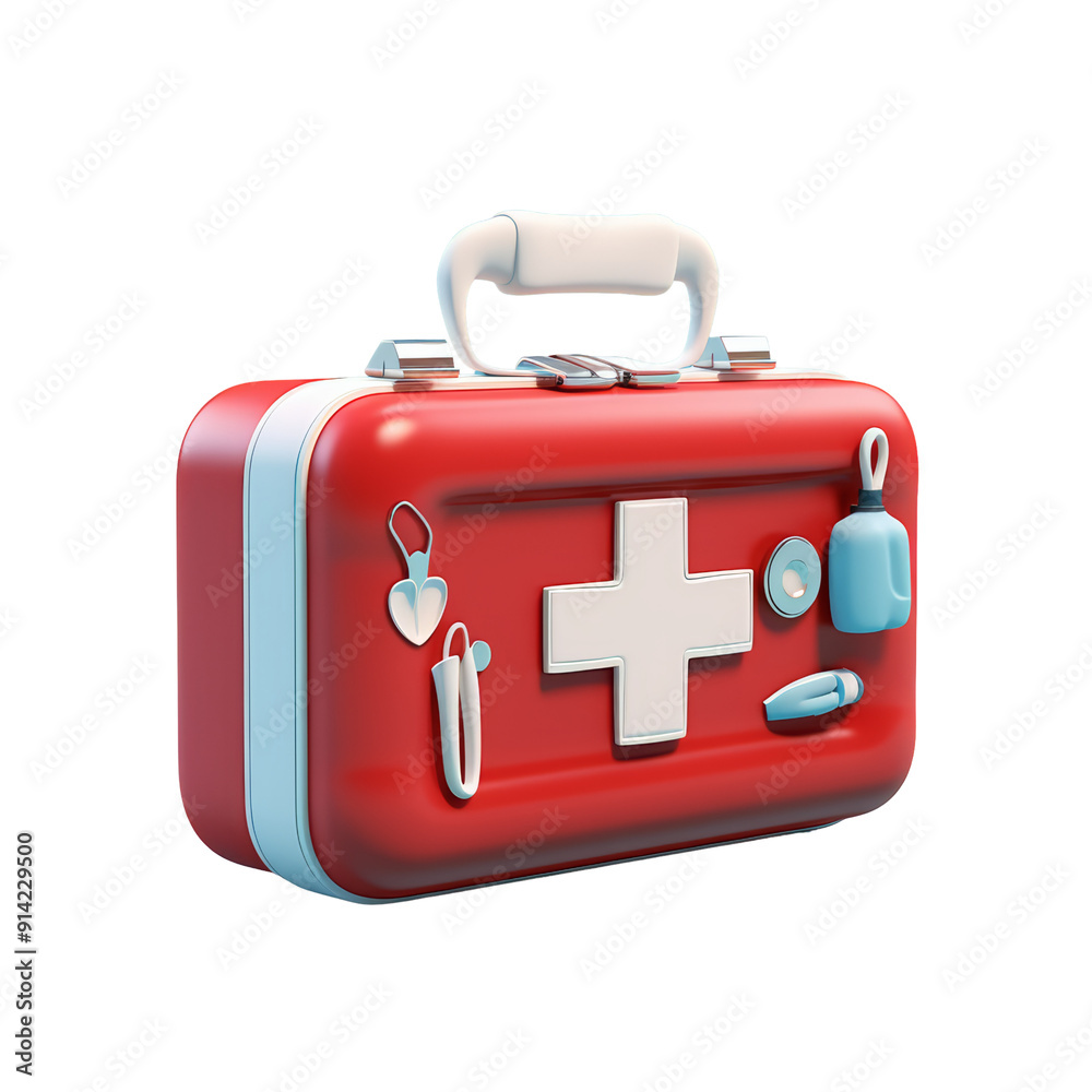 Red first aid kit with a white cross and various medical supplies isolated on transparent background cutout, PNG file Red first aid kit with a white cross and various medical supplies isolated on transparent background cutout, PNG file