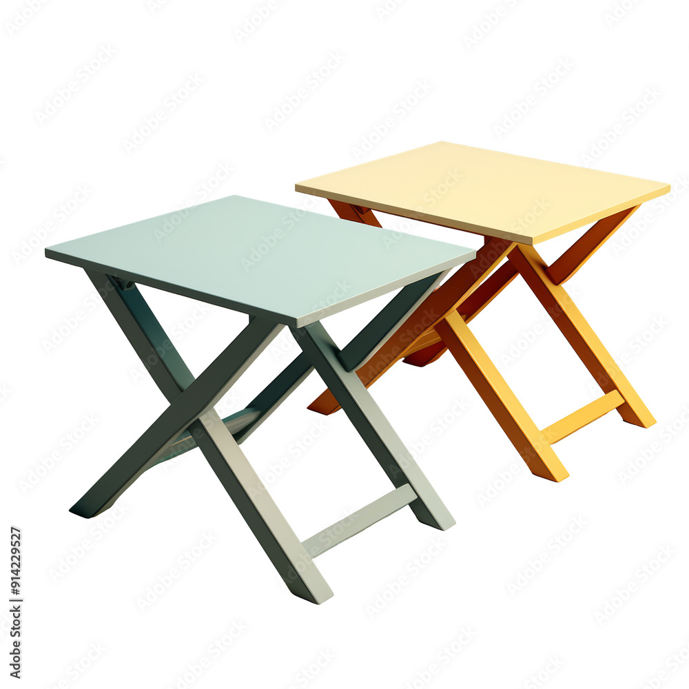 Two wooden folding stools in blue and yellow, isolated on transparent background cutout, PNG file Two wooden folding stools in blue and yellow, isolated on transparent background cutout, PNG file