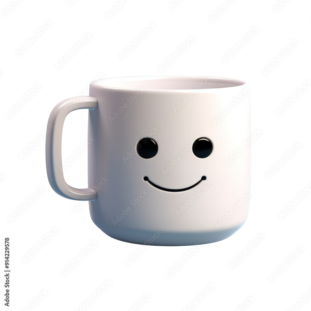 White mug with a smiling face on it. isolated on transparent background cutout, PNG file White mug with a smiling face on it. isolated on transparent background cutout, PNG file