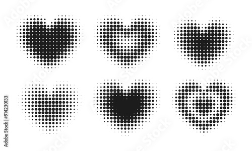 Dotted texture heart elements set. Halftone pop art style shapes isolated on white background.