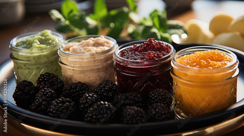 Gourmet Delights: A Tray of Caviar, Jam, and Spread Gourmet Delights: A Tray of Caviar, Jam, and Spread