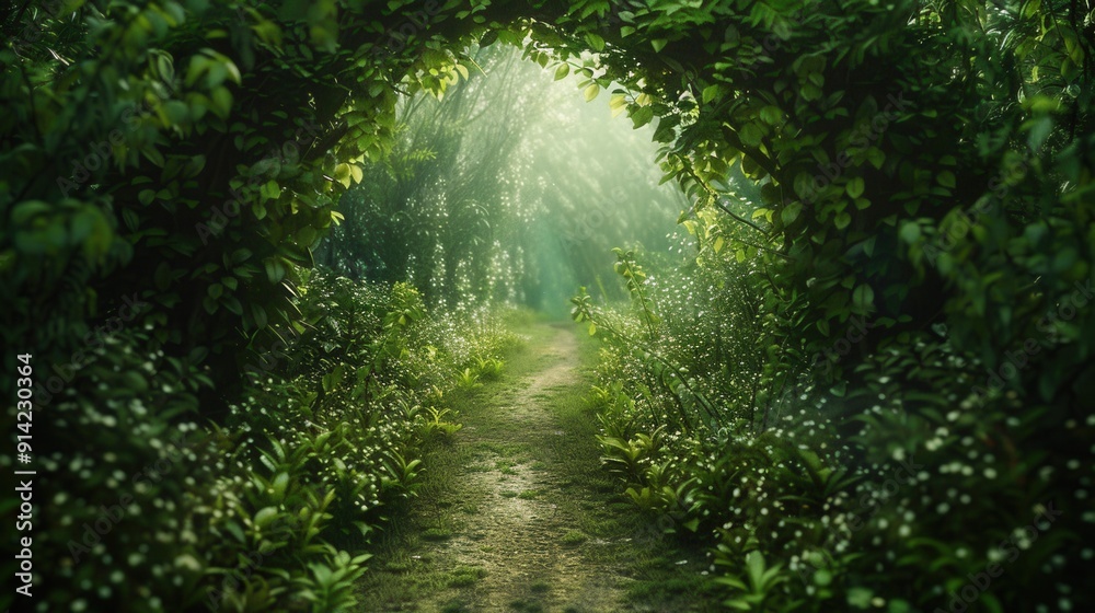 An arched corridor of plants in the forest. A beautiful green path through the thicket An arched corridor of plants in the forest. A beautiful green path through the thicket