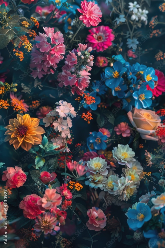 A lively bouquet of flowers in vibrant shades of pink, blue, yellow, and green. A lively bouquet of flowers in vibrant shades of pink, blue, yellow, and green.