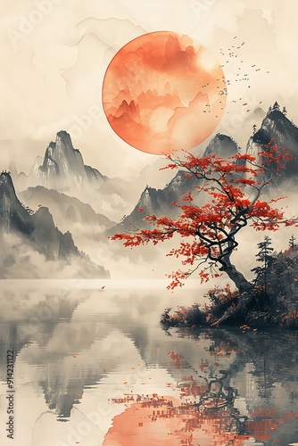 Asian landscape in sepia tones. The overall atmosphere is peaceful and minimalistic, with a vintage sepia aesthetic.