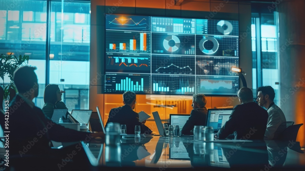 A group of business professionals gather around a table in a modern office, discussing data displayed on a large screen.
