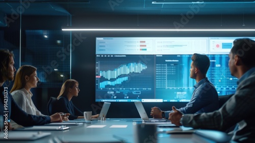 A group of business professionals gather in a modern meeting room, focused on a large screen displaying data and graphs.