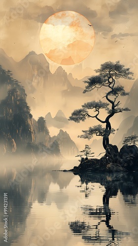 Asian landscape in sepia tones. The overall atmosphere is peaceful and minimalistic, with a vintage sepia aesthetic.