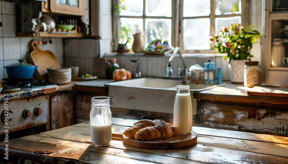 Rustic kitchen with wooden table glass of milk and breakfast items Rustic kitchen with wooden table glass of milk and breakfast items