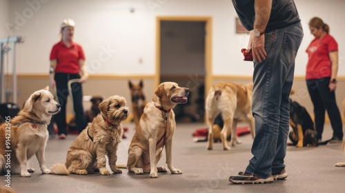 A group of dogs sit attentively during an obedience training class. photo