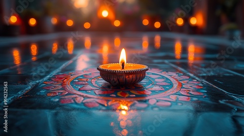 A close-up of a diya placed in front of a rangoli design photo