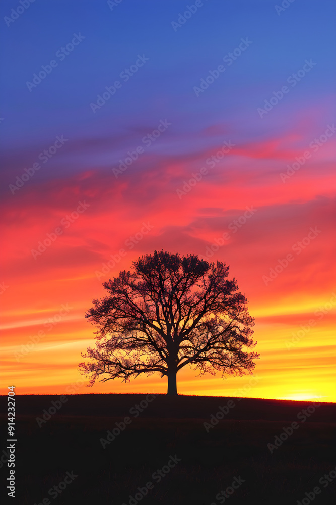 Solitary Tree Silhouette Against Vibrant Sunset Horizon, Capturing Nature's Majestic Transition and Tranquility Solitary Tree Silhouette Against Vibrant Sunset Horizon, Capturing Nature's Majestic Transition and Tranquility