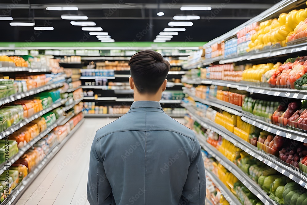 Back view of a man shopping in supermarket. Generative ai
