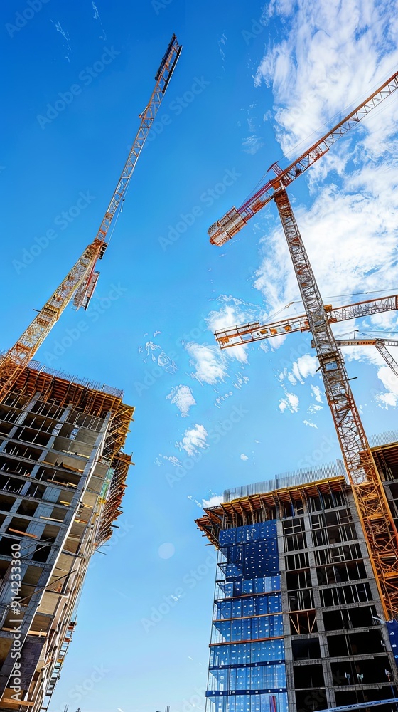 Construction cranes lift high above unfinished buildings. Construction cranes lift high above unfinished buildings.
