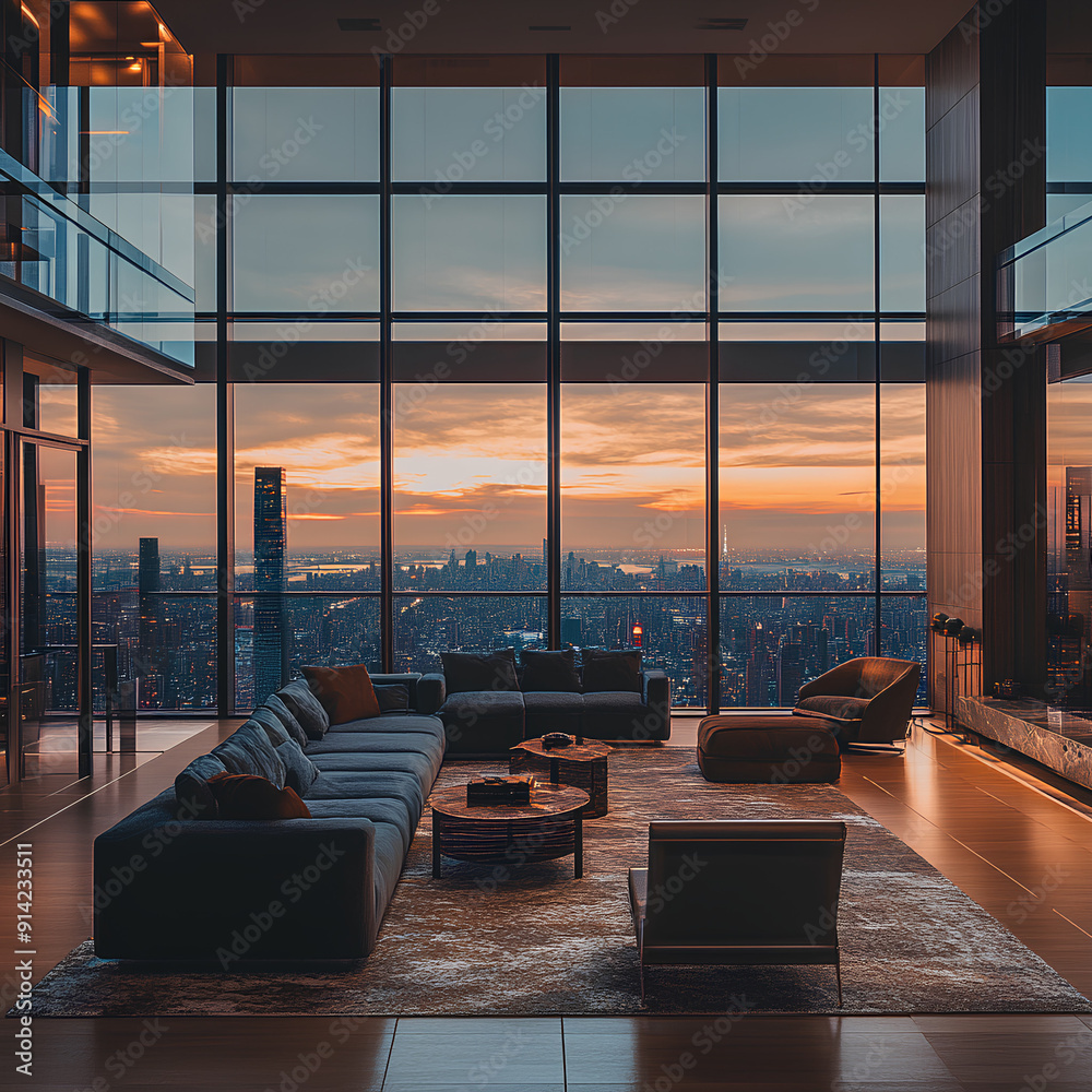 Fototapeta premium Luxurious High-Rise Penthouse with Panoramic Cityscape Views