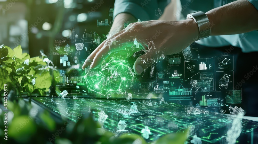 Obraz premium Best practices in waste recycling, technicians demonstrating ecofriendly methods, digital diagrams, lush green backdrop, Environmental, Mixed media