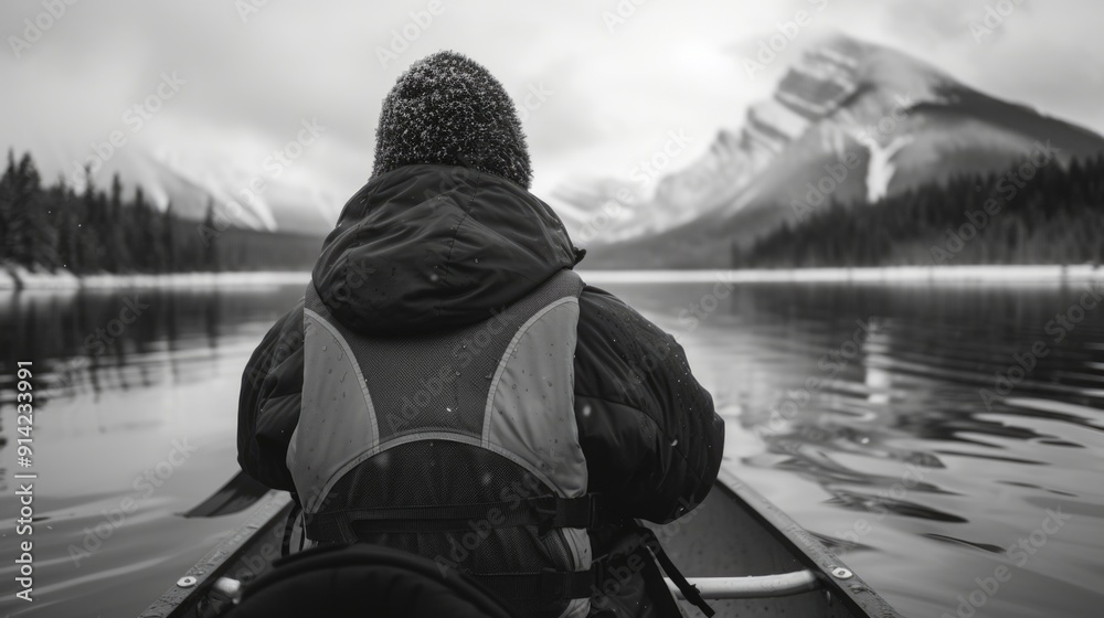 Adventurous outdoor scene with a person in a canoe on calm waters, overlooking snow-capped mountain range and wilderness. Ideal for nature lovers and those looking to connect with the great outdoors. Adventurous outdoor scene with a person in a canoe on calm waters, overlooking snow-capped mountain range and wilderness. Ideal for nature lovers and those looking to connect with the great outdoors.