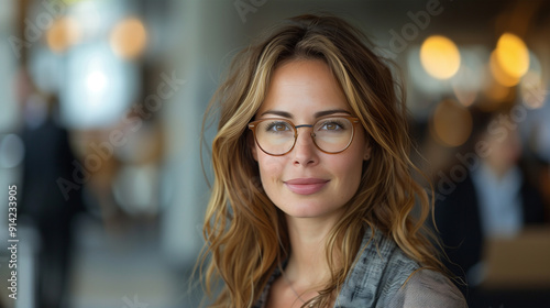 A businesswoman with glasses standing in a modern office, smiling with a look of tranquility and confidence, cover of recruitment in finance