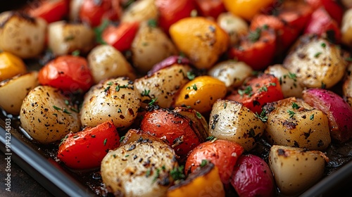 A close-up of a Thanksgiving roasted vegetable medley