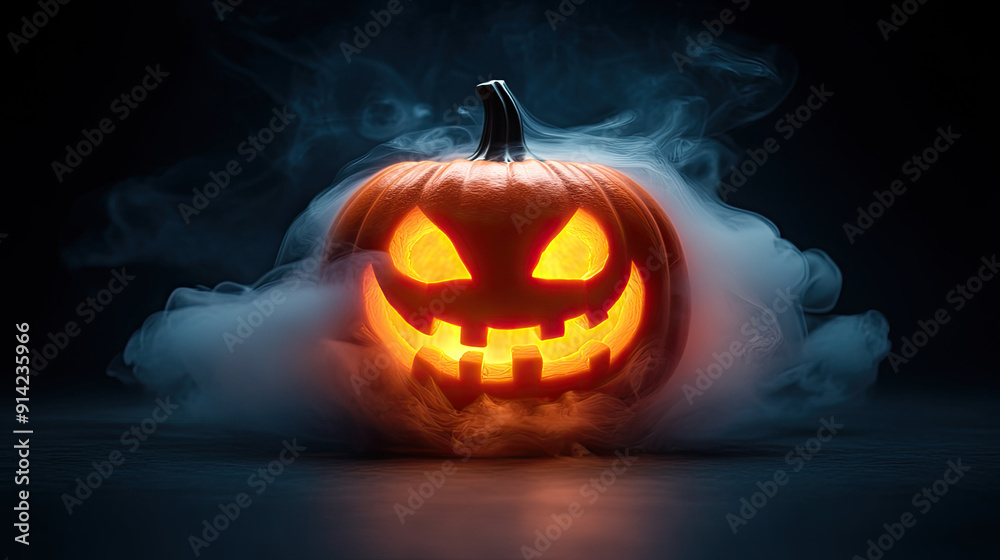 Spooky Halloween pumpkin with a glowing face, surrounded by eerie mist, perfect for Halloween-themed designs and decorations. Spooky Halloween pumpkin with a glowing face, surrounded by eerie mist, perfect for Halloween-themed designs and decorations.