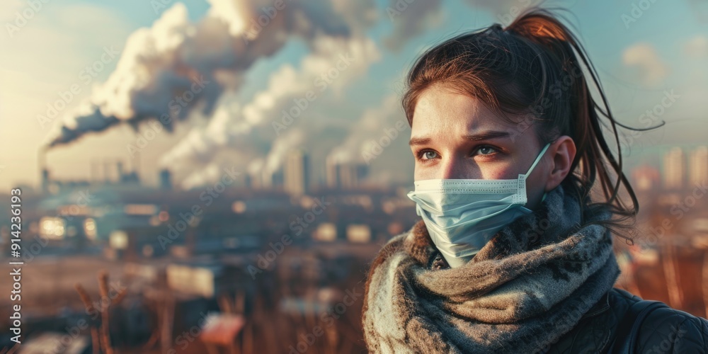 A woman with a mask on, against the backdrop of industrial pollution.