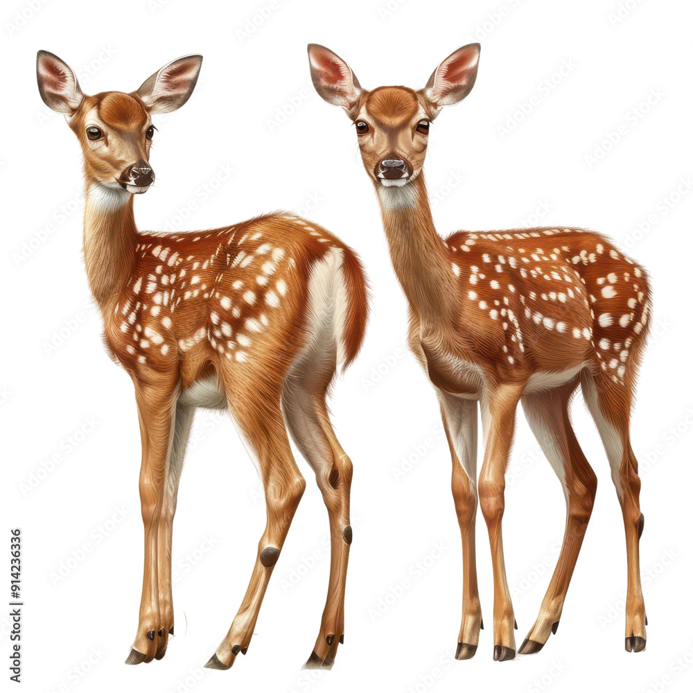 Two adorable fawns standing together, showcasing their delicate features and spotted coats against a neutral background. PNG transparent background. Two adorable fawns standing together, showcasing their delicate features and spotted coats against a neutral background. PNG transparent background.