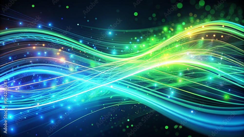 Fototapeta premium This captivating futuristic background features a mesmerizing flow of green and blue neon lights, creating a captivating and vibrant atmosphere for any design project.