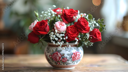 A beautiful Valentine's Day floral arrangement featuring red roses, pink carnations, and baby's breath in a decorative vase.