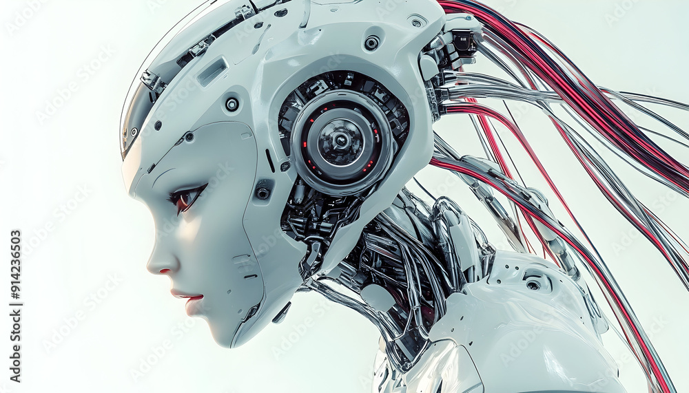 Side View of Robot Female Created with Futuristic Tech, Wires Connected