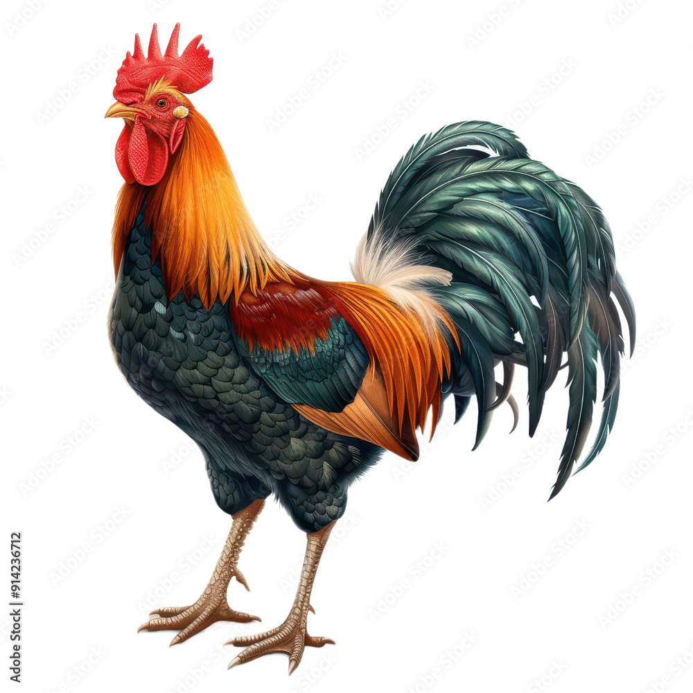 Fototapeta premium Vibrant rooster with colorful plumage, showcasing beauty and grace in a farm setting. PNG transparent background.