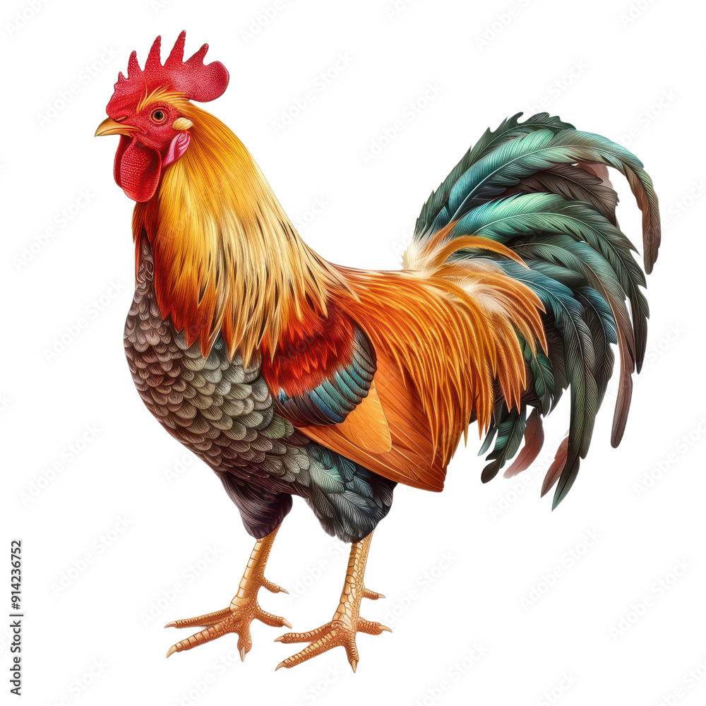 Fototapeta premium Vibrant rooster with colorful plumage, symbolizing farm life and avian beauty in a bright, artistic style. PNG transparent background.