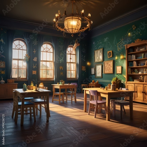 Design a scene inside a magical school, with cartoon students practicing spells and attending classes.