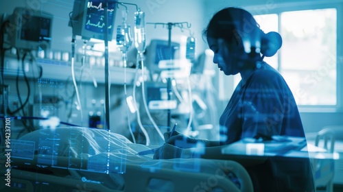 A healthcare worker attends to a patient in a hospital room. The image is composed of a blue color palette and features a blurred background.