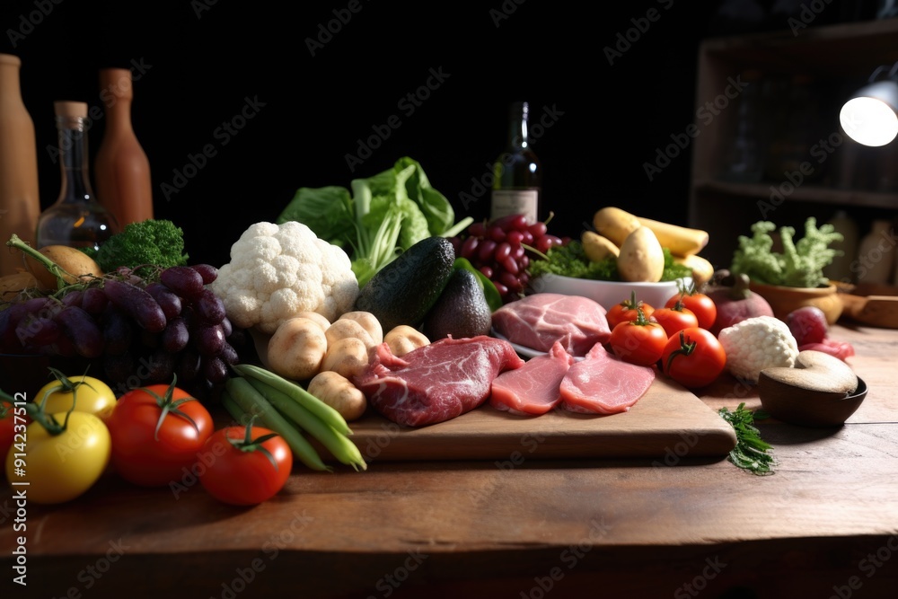 Variety of fresh foods on wooden cutting board for meal preparation. Variety of fresh foods on wooden cutting board for meal preparation.