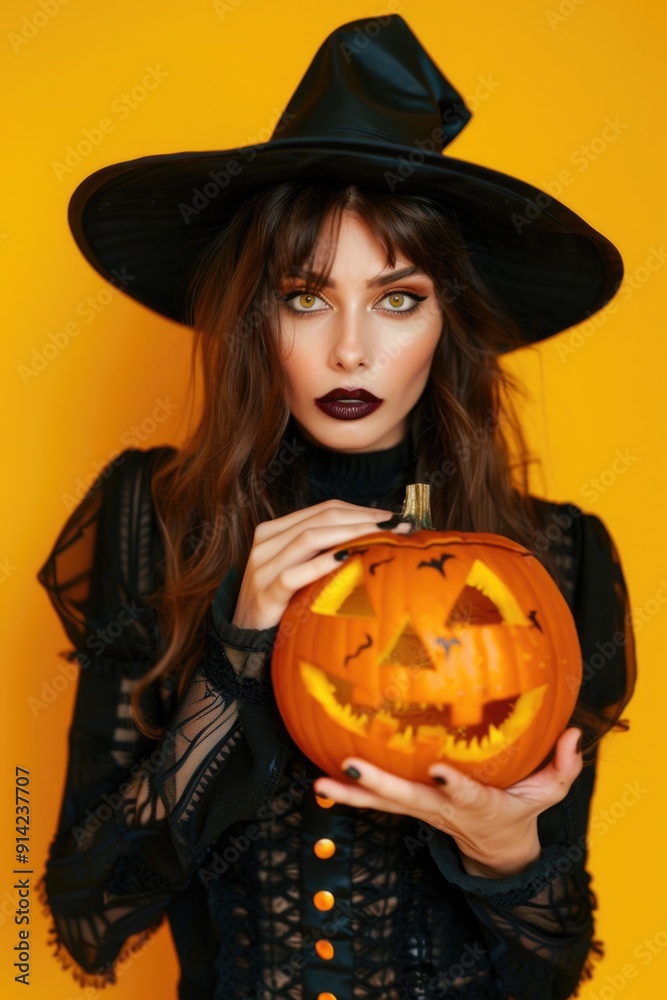 A woman dressed as a witch holds a carved pumpkin, perfect for Halloween decorations or spooky theme parties