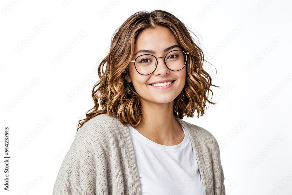 Portrait of a young woman wearing glasses and a cardigan, smiling Portrait of a young woman wearing glasses and a cardigan, smiling