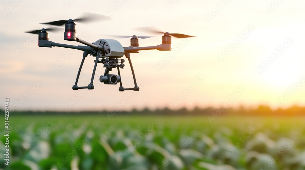 Aerial view of a drone flying over a lush agricultural field during sunset, showcasing modern farming technology and innovation. Aerial view of a drone flying over a lush agricultural field during sunset, showcasing modern farming technology and innovation.