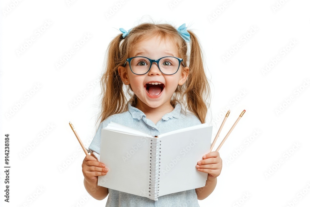Caucasian child with book and pencil isolated on transparent background wearing glasses Caucasian child with book and pencil isolated on transparent background wearing glasses