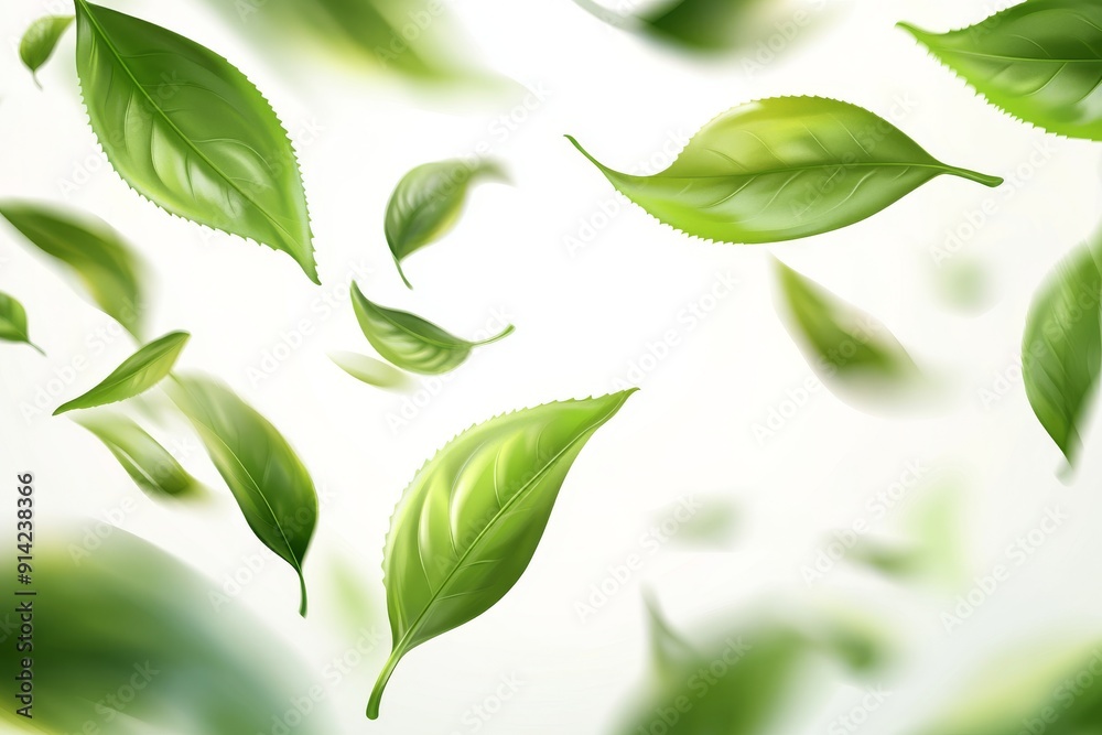 The flight of a green leaf drifting on a transparent background The flight of a green leaf drifting on a transparent background